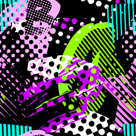 Abstract geometrical seamless rough grunge pattern, modern design template. Hipster hypebeast painted style texture, poster with different doodle letters elements.Urban bright youth textiles sampleのイラスト素材