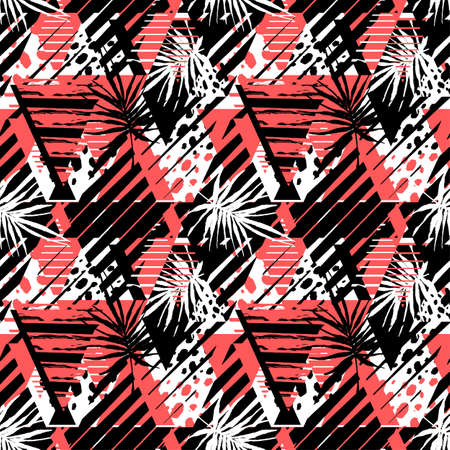 Abstract geometrical seamless rough grunge pattern, palm leaves summer funky seamless print.Hand drawn ink artistic trendy sport fashion background. Expressive ornament for textile,wrapping, decorationのイラスト素材