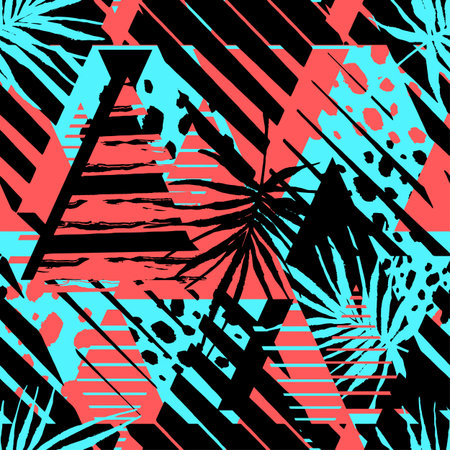 Abstract geometrical seamless rough grunge pattern, palm leaves summer funky seamless print.Hand...