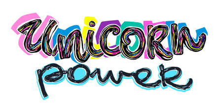 Unicorn power. Cartoon unicorn power  banner for textile design. Vector trendy funky apparel print.Expressive modern calligraphy embroideryのイラスト素材