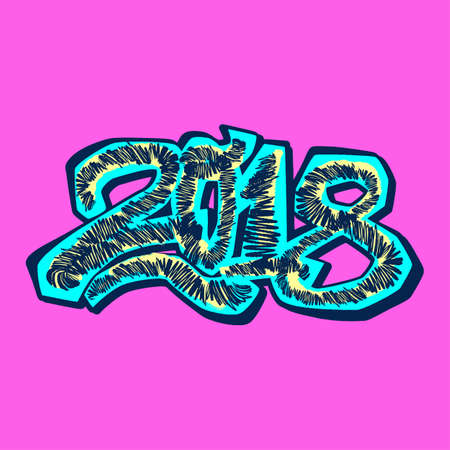 2018 Happy New Year vector illustration,design in graffity urban style.Hipster print, brush pen hand drawn calligraphic doodle texture.Perfect for posters, banners,fabric, textile,aparel designのイラスト素材