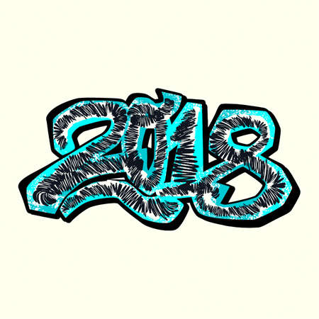 2018 Happy New Year vector illustration,design in graffity urban style.Hipster print, brush pen hand drawn calligraphic doodle texture.Perfect for posters, banners,fabric, textile,aparel designのイラスト素材