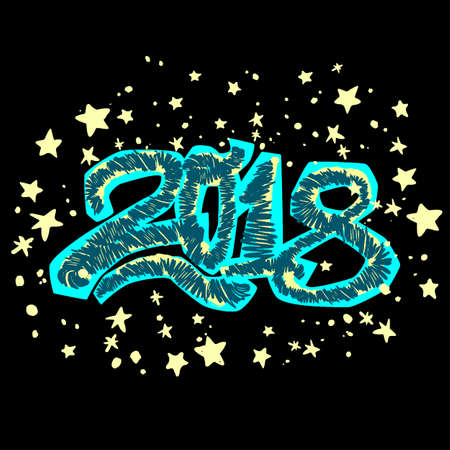 2018 Happy New Year vector illustration,design in graffity urban style.Hipster print, brush pen hand drawn calligraphic doodle texture.Perfect for posters, banners,fabric, textile,aparel designのイラスト素材
