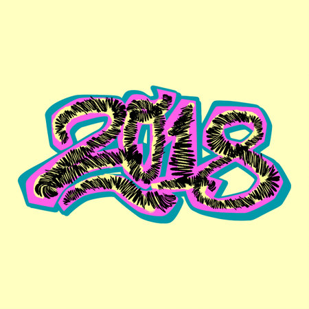 2018 Happy New Year vector illustration,design in graffity urban style.Hipster print, brush pen hand drawn calligraphic doodle texture.Perfect for posters, banners,fabric, textile,aparel designのイラスト素材