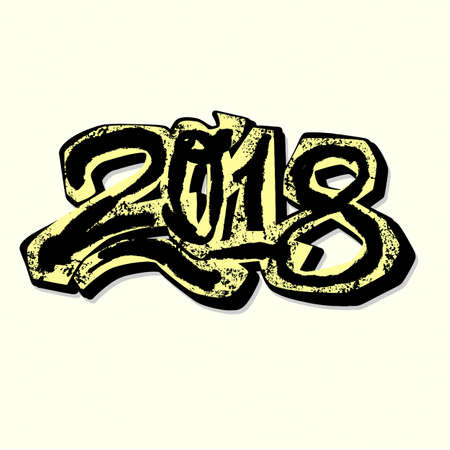 2018 Happy New Year vector illustration,design in graffity urban style.Hipster print, brush pen hand drawn calligraphic doodle texture.Perfect for posters, banners,fabric, textile,aparel designのイラスト素材