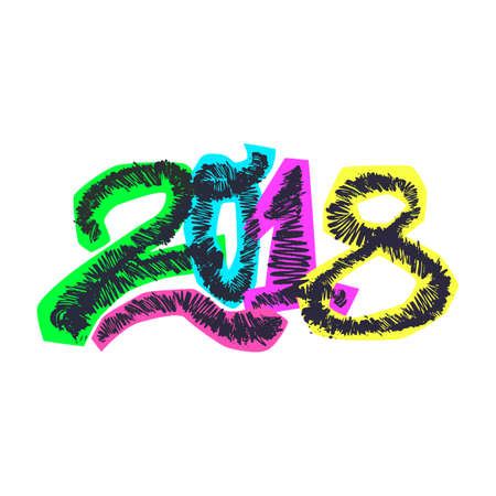 2018 Happy New Year vector illustration,design in graffity urban style.Hipster print, brush pen hand drawn calligraphic doodle texture.Perfect for posters, banners,fabric, textile,aparel designのイラスト素材