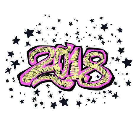 2018 Happy New Year vector illustration,design in graffity urban style.Hipster print, brush pen hand drawn calligraphic doodle texture.Perfect for posters, banners,fabric, textile,aparel designのイラスト素材