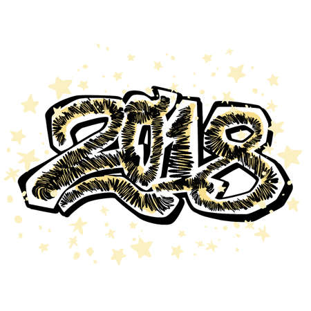 2018 Happy New Year vector illustration,design in graffity urban style.Hipster print, brush pen hand drawn calligraphic doodle texture.Perfect for posters, banners,fabric, textile,aparel designのイラスト素材