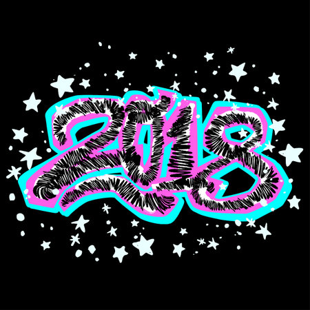 2018 Happy New Year vector illustration,design in graffity urban style.Hipster print, brush pen hand drawn calligraphic doodle texture.Perfect for posters, banners,fabric, textile,aparel designのイラスト素材