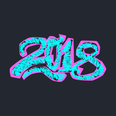 2018 Happy New Year vector illustration,design in graffity urban style.Hipster print, brush pen hand drawn calligraphic doodle texture.Perfect for posters, banners,fabric, textile,aparel designのイラスト素材