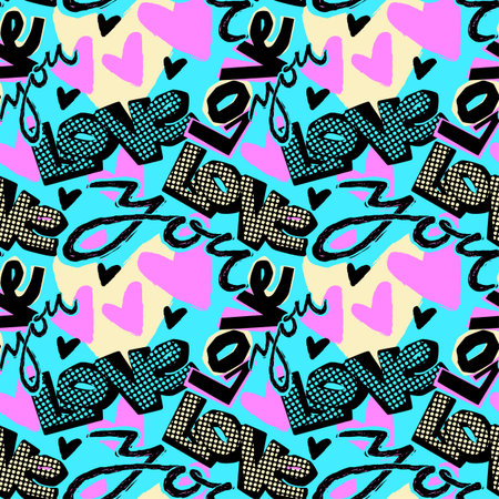 Love you Valentine's day print, seamless hand craft expressive ink typography pattern.Hipster funky...