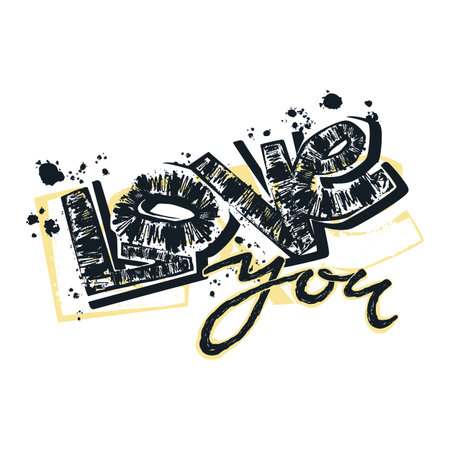 Love you postcard, hand craft expressive ink typography slogan.Hipster funky painted style texture,poster with different doodle letters for textiles or t-shirt print design sample for Valentine's day.のイラスト素材