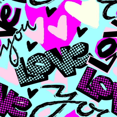 Love you Valentine's day print, seamless hand craft expressive ink typography pattern.Hipster funky painted style texture,poster with different doodle letters for textiles or t-shirt  design sample.のイラスト素材