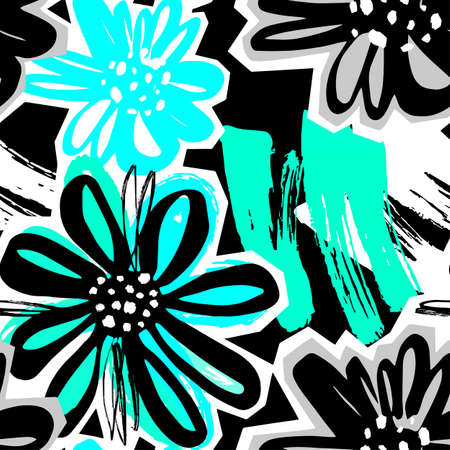 Flowers hand craft expressive ink pattern.のイラスト素材