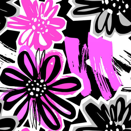 Flowers hand craft expressive ink pattern.のイラスト素材