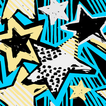 Star shapes graffiti seamless hand craft, expressive ink hipster pattern. Funky style painted texture with different doodles for textile, wrapping, decoration, poster, textiles and more.のイラスト素材