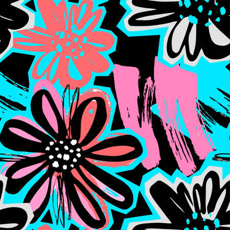 Flowers seamless hand craft expressive ink pattern. Funky style painted texture, poster with different doodles for fabric, wrapping, decoration, greeting card and more.のイラスト素材