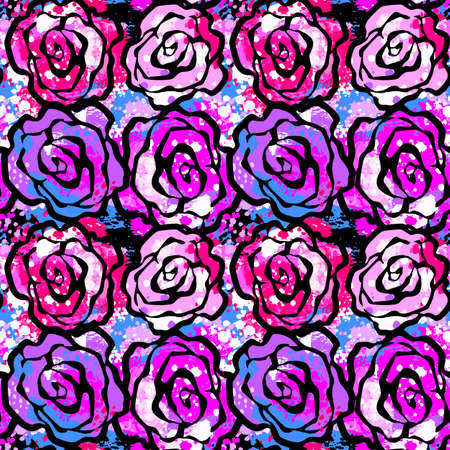 Rose flowers seamless hand craft expressive ink pattern. Funky style painted texture, poster with different doodles for fabric, wrapping, decoration, greeting card,  textiles or t-shirt apparel design.のイラスト素材