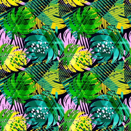 Seamless summer tropical leaves pattern, textile doodle grunge texture. Trendy modern ink artistic design with authentic, unique scrapes, watercolor blotted background, expressive ink painting.のイラスト素材