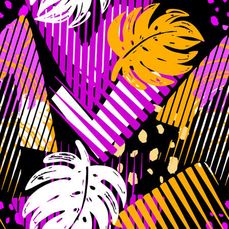 
Seamless summer tropical leaves pattern, textile doodle  grunge texture.Trendy modern ink artistic design with authentic,unique scrapes, watercolor blotted background, expressive ink paintingのイラスト素材