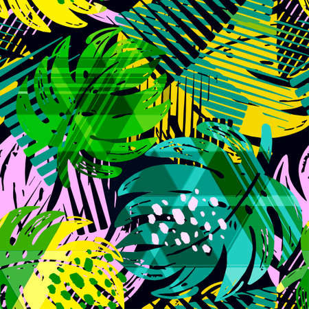 
Seamless summer tropical leaves pattern, textile doodle  grunge texture.Trendy modern ink artistic design with authentic,unique scrapes, watercolor blotted background, expressive ink paintingのイラスト素材