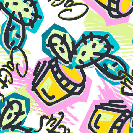 Seamless repeating cactus textile, ink brush strokes pattern in doodle grunge texture style.Handdrawn trendy design, watercolor blotted background for apparelのイラスト素材