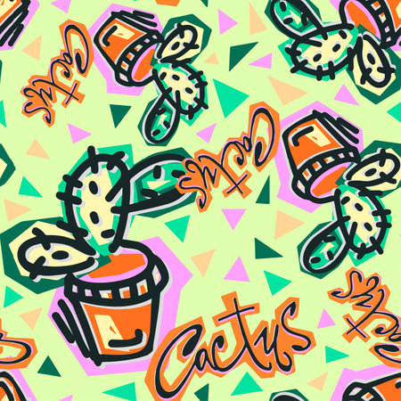 Seamless repeating cactus textile, ink brush strokes pattern in doodle grunge texture style.Handdrawn trendy design, watercolor blotted background for apparelのイラスト素材