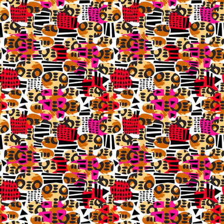 Urban seamless funky collage pattern with acrylic blots and scratches.Textile ink brush strokes design in doodle grunge texture styleのイラスト素材