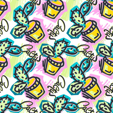 Seamless repeating cactus textile, ink brush strokes pattern in doodle grunge texture style.Handdrawn trendy design, watercolor blotted background for apparelのイラスト素材