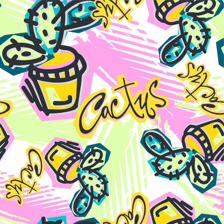 Seamless repeating cactus textile, ink brush strokes pattern in doodle grunge texture style.Handdrawn trendy design, watercolor blotted background for apparelのイラスト素材