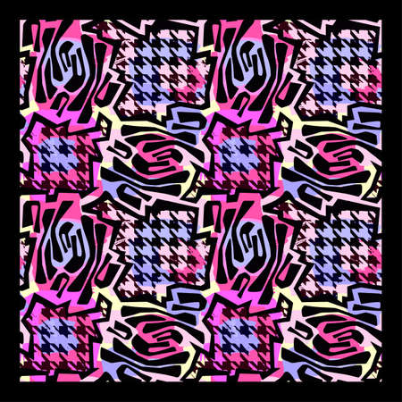 Exotic seamless tropical flowers pattern.Textile ink brush strokes design in doodle grunge texture style.Unique scrapes, watercolor blotted background for apparel,scarf, bedspread, beach towelのイラスト素材