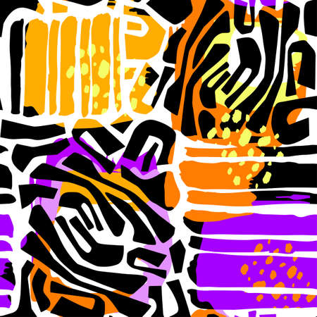 Exotic seamless tropical flowers pattern.Textile ink brush strokes design in doodle grunge texture style. Unique scrapes, watercolor blotted background for apparel,scarf, bedspread, beach towelのイラスト素材