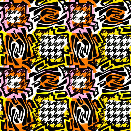 Exotic seamless tropical flowers pattern.Textile ink brush strokes design in doodle grunge texture style.Unique scrapes, watercolor blotted background for apparel,scarf, bedspread, beach towelのイラスト素材