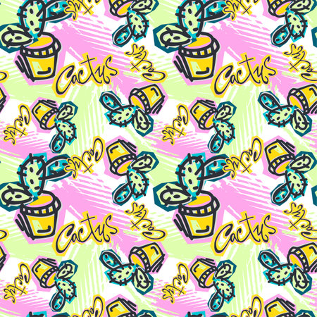 Seamless repeating cactus textile, ink brush strokes pattern in doodle grunge texture style.Handdrawn trendy design, watercolor blotted background for apparelのイラスト素材