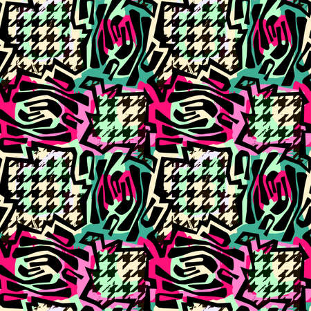 Exotic seamless tropical flowers pattern.Textile ink brush strokes design in doodle grunge texture style.Unique scrapes, watercolor blotted background for apparel,scarf, bedspread, beach towelのイラスト素材
