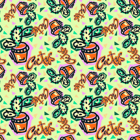 Seamless repeating cactus textile, ink brush strokes pattern in doodle grunge texture style.Handdrawn trendy design, watercolor blotted background for apparelのイラスト素材