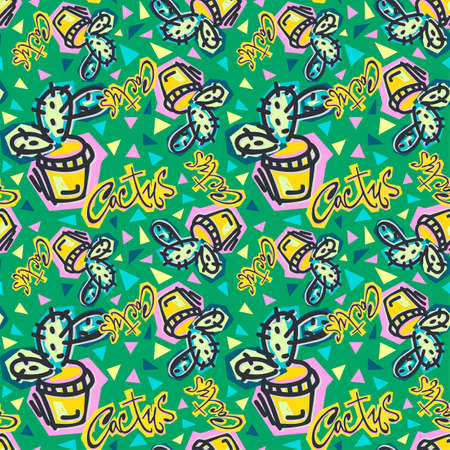Seamless repeating cactus textile, ink brush strokes pattern in doodle grunge texture style.Handdrawn trendy design, watercolor blotted background for apparelのイラスト素材