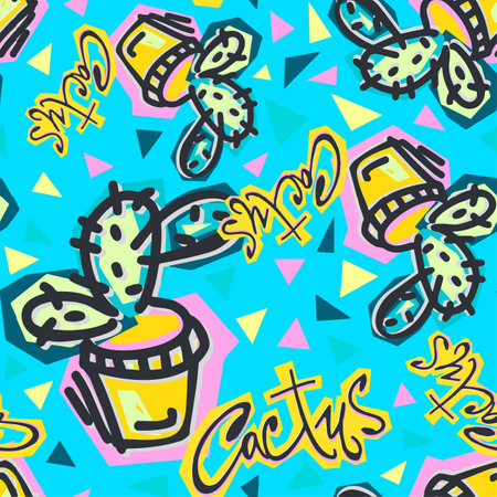 Seamless repeating cactus textile, ink brush strokes pattern in doodle grunge texture style.Handdrawn trendy design, watercolor blotted background for apparelのイラスト素材
