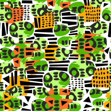 Urban seamless funky collage pattern with acrylic blots and scratches.Textile ink brush strokes design in doodle grunge texture styleのイラスト素材