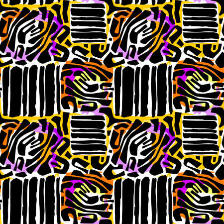 Exotic seamless tropical flowers pattern.Textile ink brush strokes design in doodle grunge texture style.Unique scrapes, watercolor blotted background for apparel,scarf, bedspread, beach towelのイラスト素材
