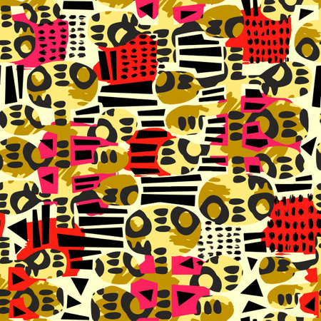 Urban seamless funky collage pattern with acrylic blots and scratches.Textile ink brush strokes design in doodle grunge texture styleのイラスト素材