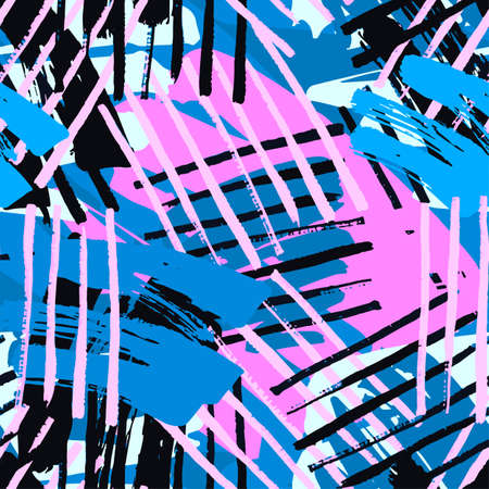 Urban seamless funky geometric pattern with acrylic blots and scratches.Textile ink brush strokes design in doodle grunge texture styleのイラスト素材