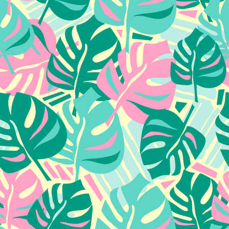 Seamless summer tropical leaves pattern,textile doodle grunge texture.Trendy modern ink artistic design,funky print.Modern fashion background.Expressive ornament for textile,wrapping,apparelのイラスト素材