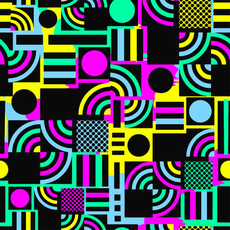 Memphis style hand drawn textured seamless pattern.Retro flavour trendy geometric elements painted with colorful ink brush strokes.のイラスト素材