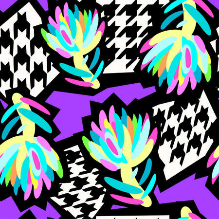 Seamless summer tropical floral pattern, textile doodle grunge texture.Trendy modern ink artistic design with authentic,unique scrapes, watercolor blotted background, expressive ink paintingのイラスト素材