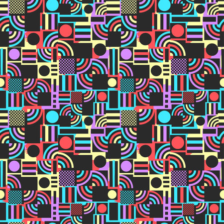 Memphis style hand drawn textured seamless pattern.Retro flavour trendy geometric elements painted with colorful ink brush strokes.のイラスト素材