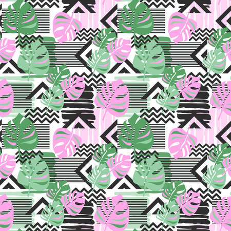 Seamless palm leaves tropical floral pattern, textile doodle grunge texture.Trendy modern ink artistic design with authentic,unique scrapes,blots,expressive ink paintingのイラスト素材