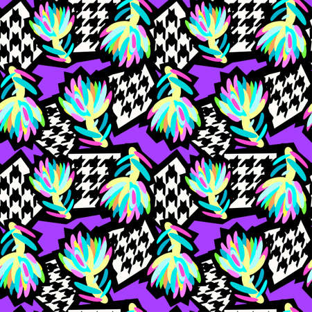 Seamless summer tropical floral pattern, textile doodle grunge texture.Trendy modern ink artistic design with authentic,unique scrapes, watercolor blotted background, expressive ink paintingのイラスト素材