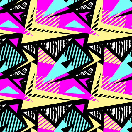 Abstract geometrical seamless rough grunge pattern, modern design template.Hipster painted style texture, poster with different doodle  lines and overlapping brush strokes.Urban bright textiles sampleのイラスト素材