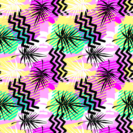 Seamless summer tropical leaves pattern, textile doodle grunge texture.Trendy modern ink artistic design with authentic,unique scrapes, watercolor blotted background, expressive ink paintingのイラスト素材